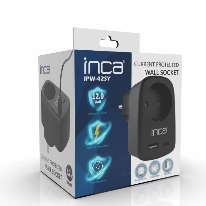 İnca IPW-42SY 1Port 12W USB+Type-C Akım Korumalı  Duvar Priz  - Siyah