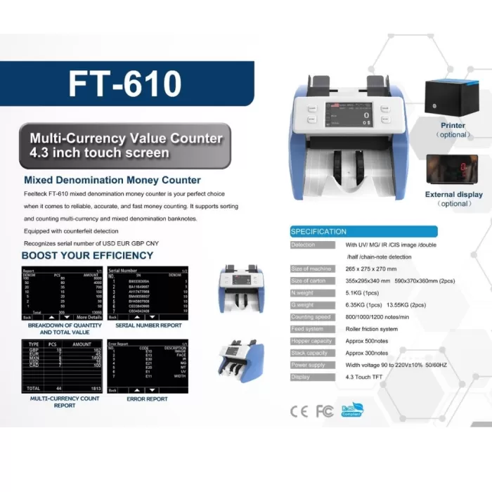 Ksn FT 610 Para Sayma Makinesi 10 Ülke Çift Cıs