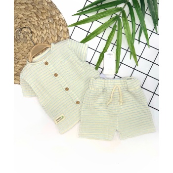 9-12-18-24 Ay Düğme Detaylı Çizgili Müslin Kumaş Yazlık 2li Erkek Bebek Takımı