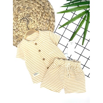 9-12-18-24 Ay Düğme Detaylı Çizgili Müslin Kumaş Yazlık 2li Erkek Bebek Takımı