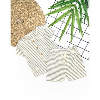 9-12-18-24 Ay Düğme Detaylı Çizgili Müslin Kumaş Yazlık 2li Erkek Bebek Takımı