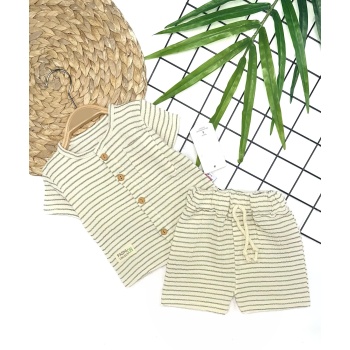 9-12-18-24 Ay Düğme Detaylı Çizgili Müslin Kumaş Yazlık 2li Erkek Bebek Takımı