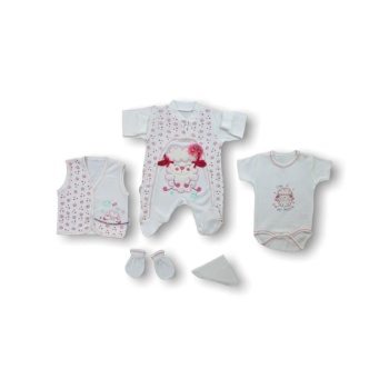 Kuzucuk Nakışlı %100 Cotton Antibakteriyel 5li Zıbın Takımı Hastane Çıkışı