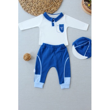 3-6 6-9 9-12 Ay Efendi Nakışlı Cep Şapkalı Uzun Kollu Sweat 3lü Erkek Bebek Takımı