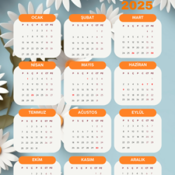 2025 Takvimi Kişiye Özel Papatya Çiçeği Mavi Detaylı Tasarım