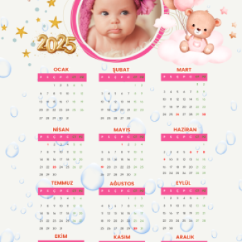 2025 Takvimi Kişiye Özel Kız Bebek Uçan Balon Su Damlalı Tasarım