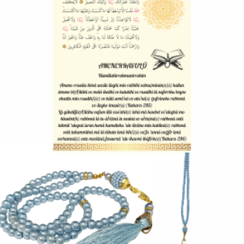 Namaz Tesbihi Vavlı 99lu Cam İncili Amenerrasulü Dua Kartı ile Mavi Renk Hediyelik