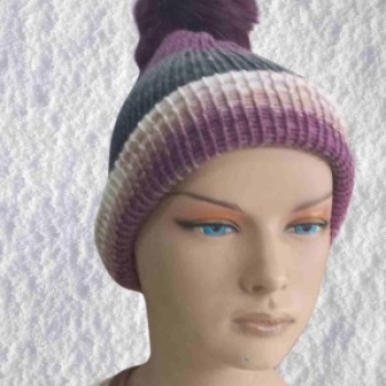 El Örgüsü Doğal Yün ve Akrilik Karışımlı Sıcacık Kış Beresi Mor Gri Karışık Renk