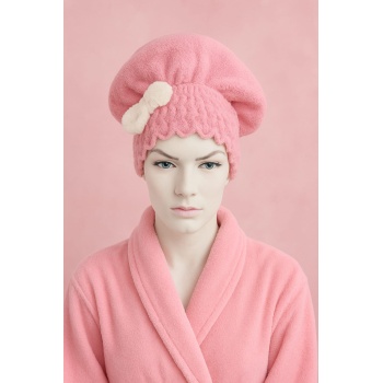 Saç Kurulama Banyo Duş Bonesi – %100 Pamuk , Fiyonklu Pembe