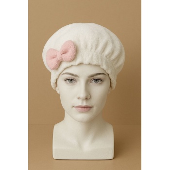 Saç Kurulama Banyo Duş Bonesi – %100 Pamuk , Fiyonklu Beyaz