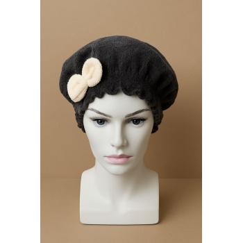 Saç Kurulama Banyo Duş Bonesi – %100 Pamuk , Fiyonklu Siyah