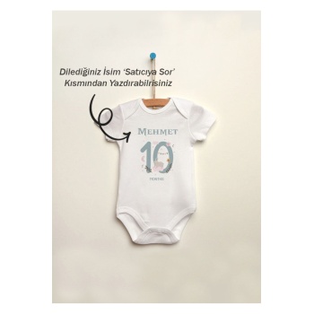 10 Aylık İsme Özel İsimli Baskılı %100 Pamuklu Çıtçıtlı Bebek Body Zıbın Atlet Tulum