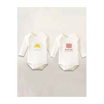 Good Night Morning Baskılı 2li Pamuklu Uzun Kollu Çıtçıtlı Bebek Body Zıbın Atlet Tulum