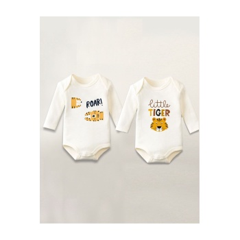 Kaplan Tiger Baskılı 2li Pamuklu Uzun Kollu Çıtçıtlı Bebek Body Zıbın Atlet Tulum