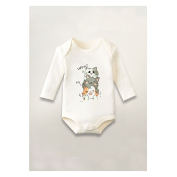Sevimli 3 Kedi Cat Baskılı Pamuklu Uzun Kollu Çıtçıtlı Bebek Body Zıbın Atlet Tulum