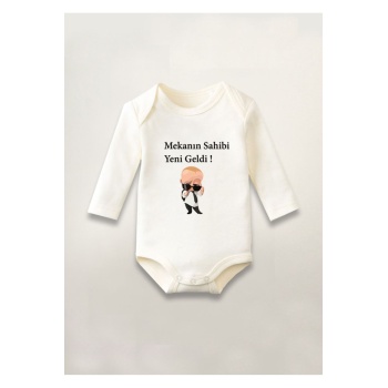 Mekanın Sahibi Yeni Geldi Baskılı Pamuklu Uzun Kollu Çıtçıtlı Bebek Body Zıbın Atlet Tulum