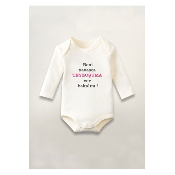 Yavaşca Teyzoşuma Ver Baskılı Pamuklu Uzun Kollu Çıtçıtlı Bebek Body Zıbın Atlet Tulum