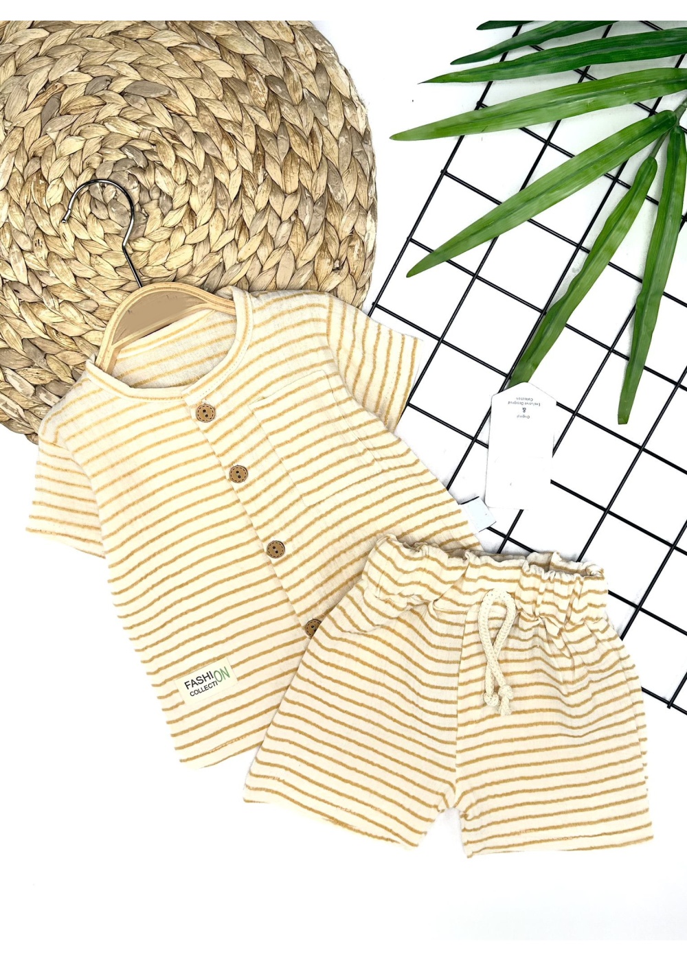 9-12-18-24 Ay Düğme Detaylı Çizgili Müslin Kumaş Yazlık 2li Erkek Bebek Takımı