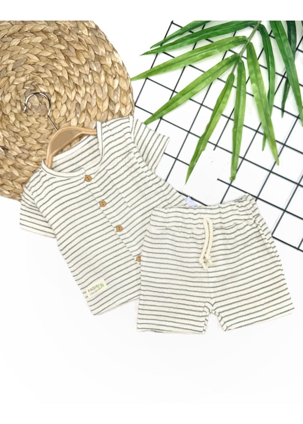 9-12-18-24 Ay Düğme Detaylı Çizgili Müslin Kumaş Yazlık 2li Erkek Bebek Takımı