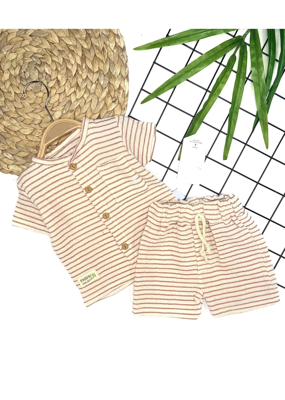 9-12-18-24 Ay Düğme Detaylı Çizgili Müslin Kumaş Yazlık 2li Erkek Bebek Takımı