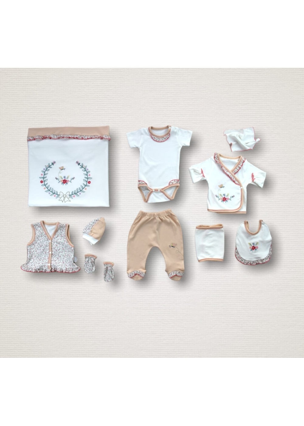 Erguvan Taç Nakışlı %100 Cotton Antibakteriyel Kız Bebek 10lu Zıbın Takımı Hastane Çıkışı