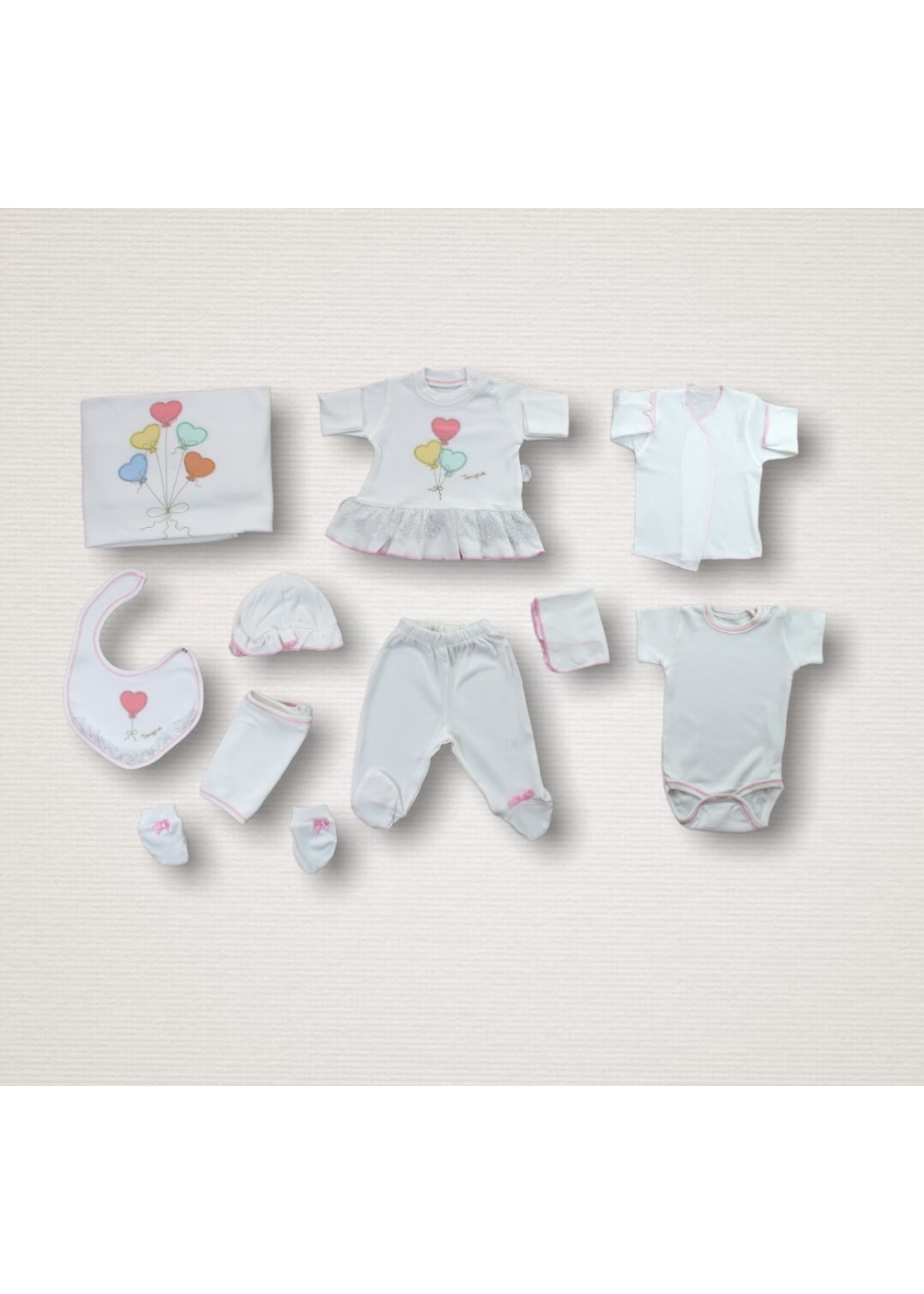 Kalpli Uçan Balon Nakışlı %100 Cotton Antibakteriyel 10lu Zıbın Takımı Hastane Çıkışı