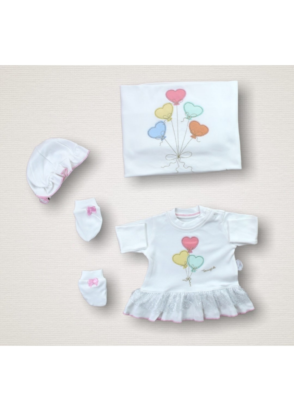 Kalpli Uçan Balon Nakışlı %100 Cotton Antibakteriyel 10lu Zıbın Takımı Hastane Çıkışı