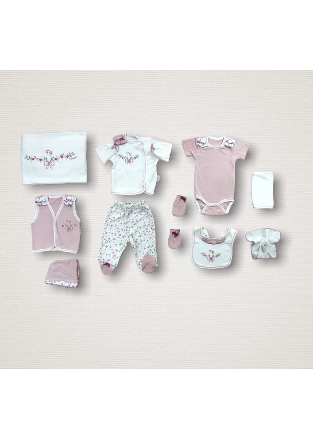 Bahar Çiçekleri Nakışlı %100 Cotton Antibakteriyel 10lu Zıbın Takımı Hastane Çıkışı