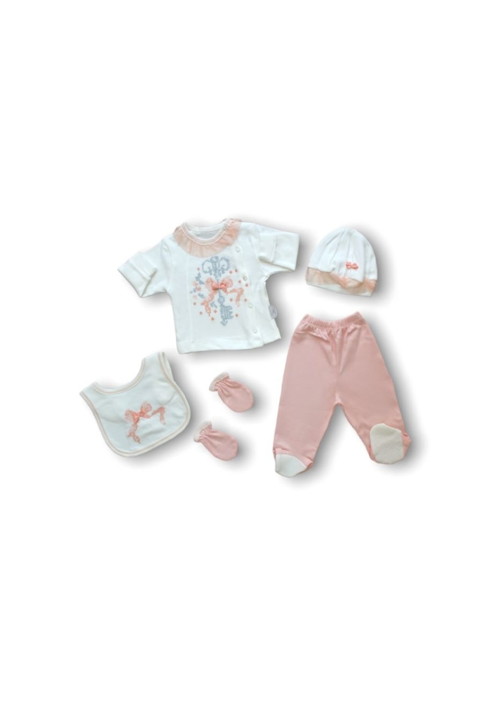 Kanaviçe Nakışlı %100 Cotton Antibakteriyel 5li Zıbın Takımı Hastane Çıkışı