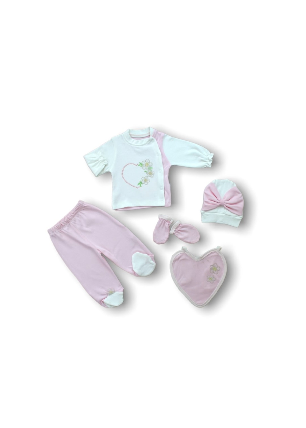 Baharın Çiçekli Kalbi Nakışlı %100 Cotton Antibakteriyel 5li Zıbın Takımı Hastane Çıkışı