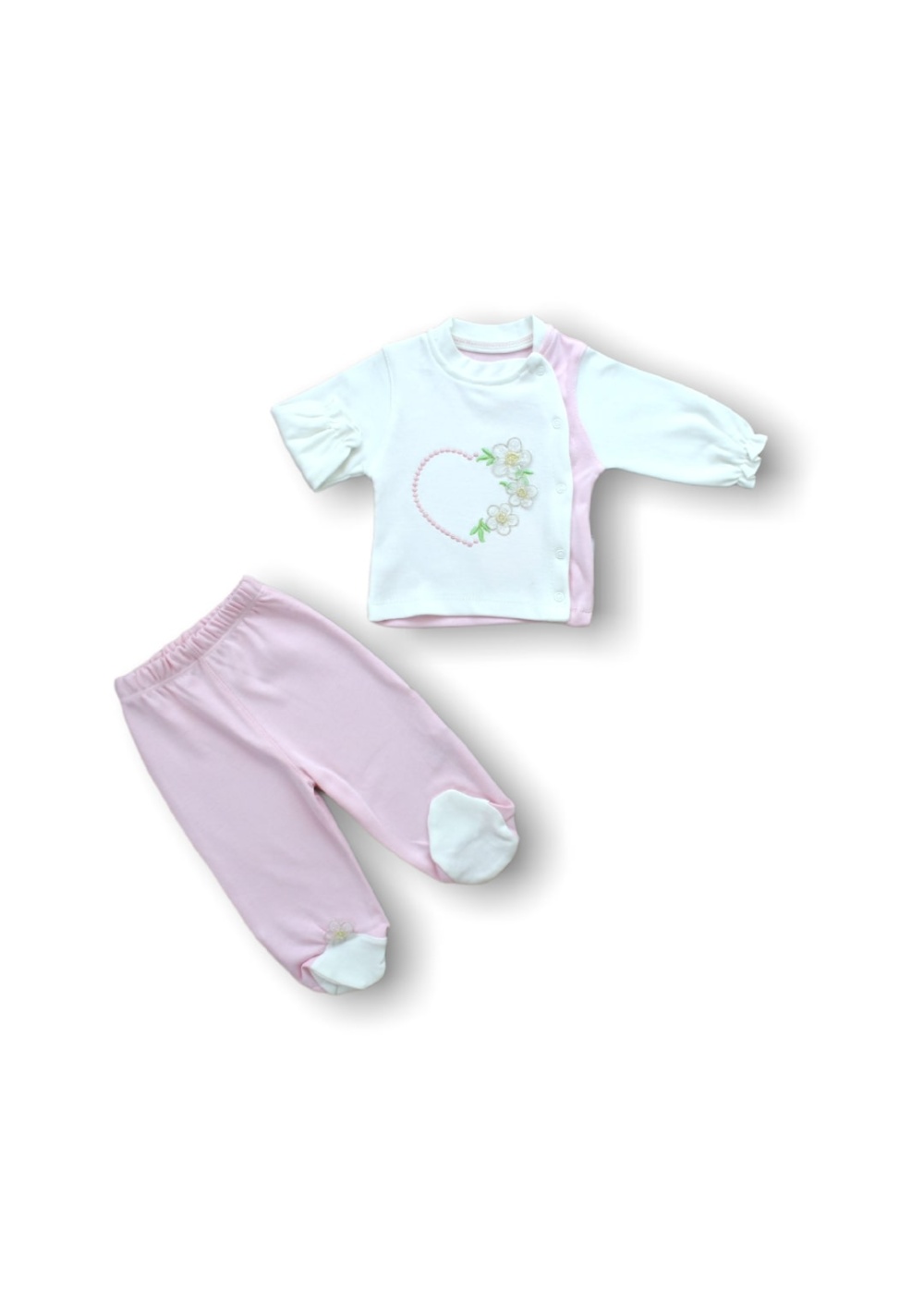 Baharın Çiçekli Kalbi Nakışlı %100 Cotton Antibakteriyel 5li Zıbın Takımı Hastane Çıkışı