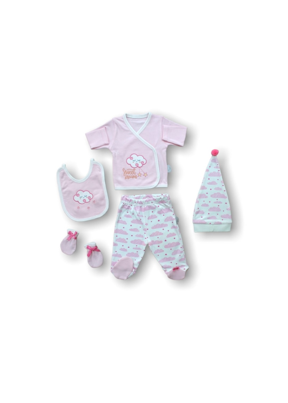 Uykucu Bulut Nakışlı %100 Cotton Antibakteriyel 5li Zıbın Takımı Hastane Çıkışı