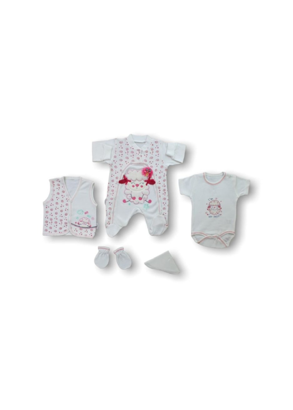 Kuzucuk Nakışlı %100 Cotton Antibakteriyel 5li Zıbın Takımı Hastane Çıkışı