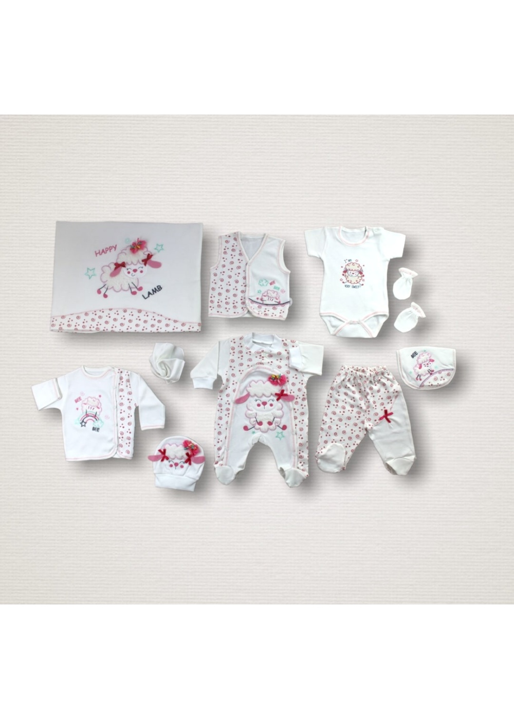 Kıvırcık Kuzu Nakışlı %100 Cotton Antibakteriyel 10lu Zıbın Takımı Hastane Çıkışı