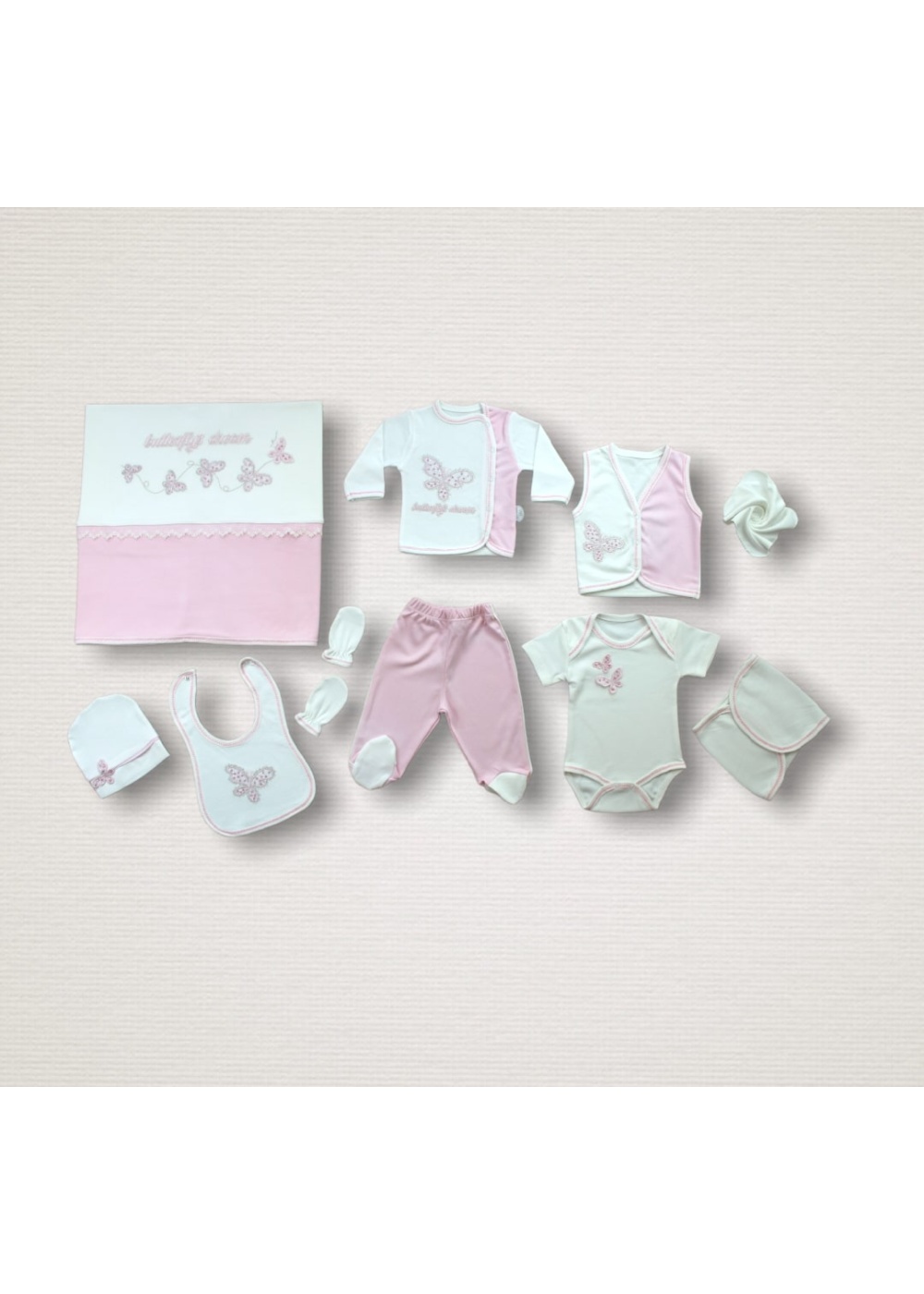 Uçan Kelebekler Nakışlı %100 Cotton Antibakteriyel 10lu Zıbın Takımı Hastane Çıkışı