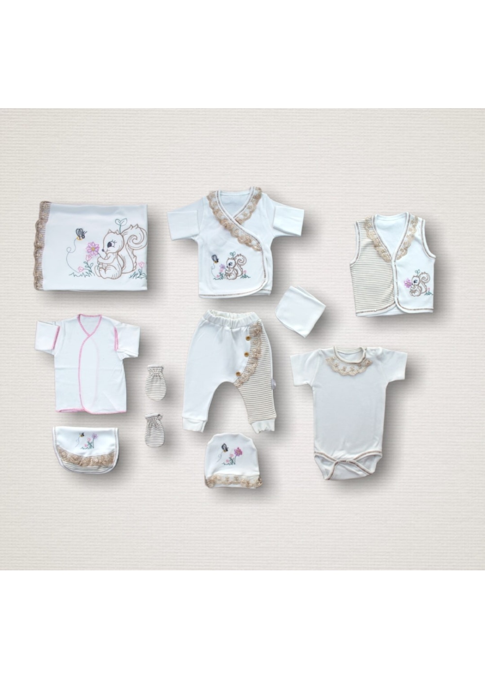 Minik Sincap Nakışlı %100 Cotton Antibakteriyel 10lu Zıbın Takımı Hastane Çıkışı