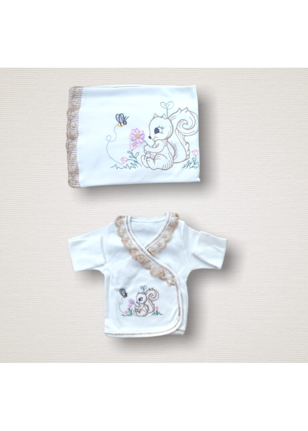 Minik Sincap Nakışlı %100 Cotton Antibakteriyel 10lu Zıbın Takımı Hastane Çıkışı