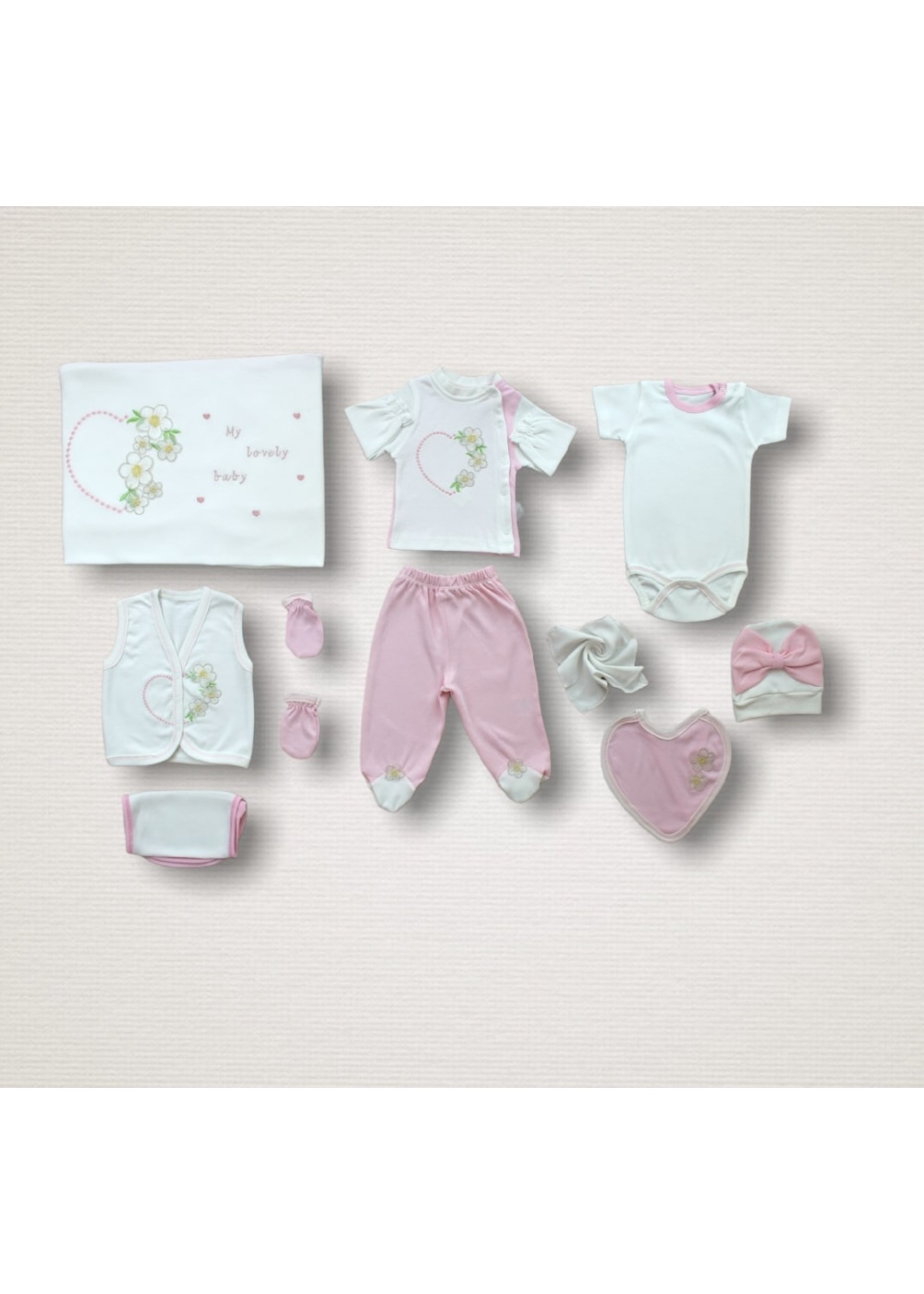 Baharın Çiçekli Kalbi Nakışlı %100 Cotton Antibakteriyel 10lu Zıbın Takımı Hastane Çıkışı