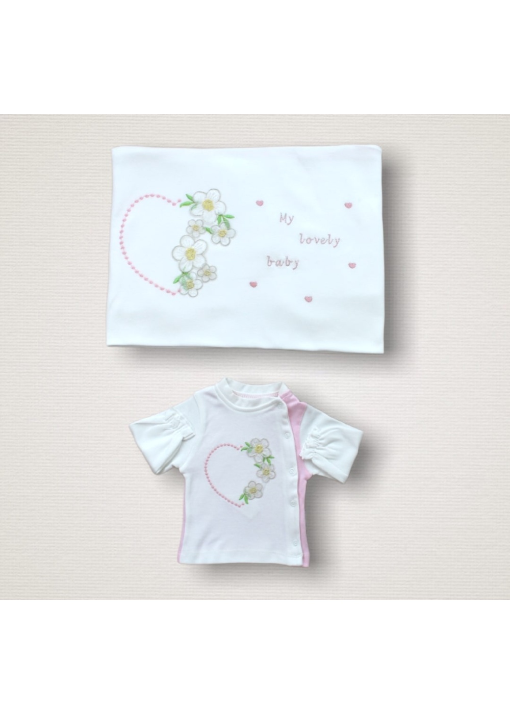 Baharın Çiçekli Kalbi Nakışlı %100 Cotton Antibakteriyel 10lu Zıbın Takımı Hastane Çıkışı