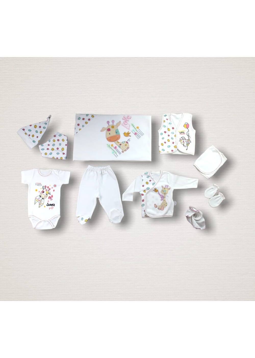 Love Zürafa Nakışlı %100 Cotton Antibakteriyel 10lu Zıbın Takımı Hastane Çıkışı