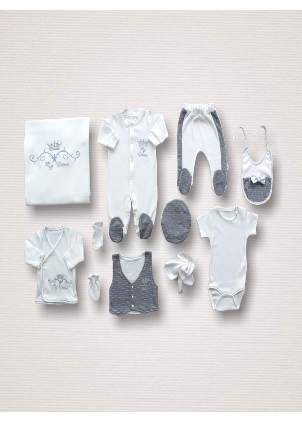 Süper Prens Nakışlı %100 Cotton Antibakteriyel 10lu Zıbın Takımı Hastane Çıkışı