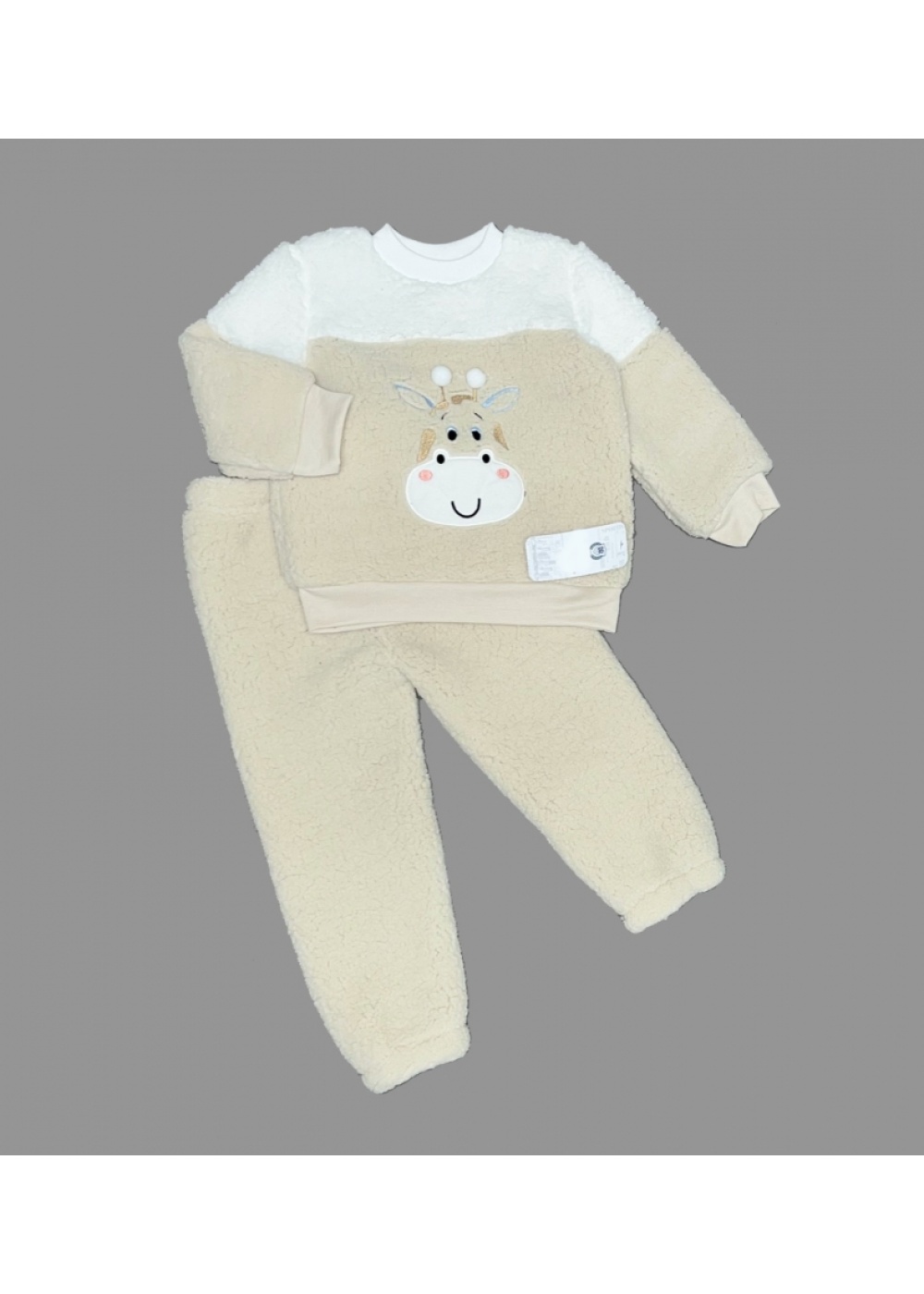 1-2-3 Yaş Ponponlu Zürafa Desenli Kuzu Kumaş Uzun Kollu 2li Kız Erkek Çocuk Takımı