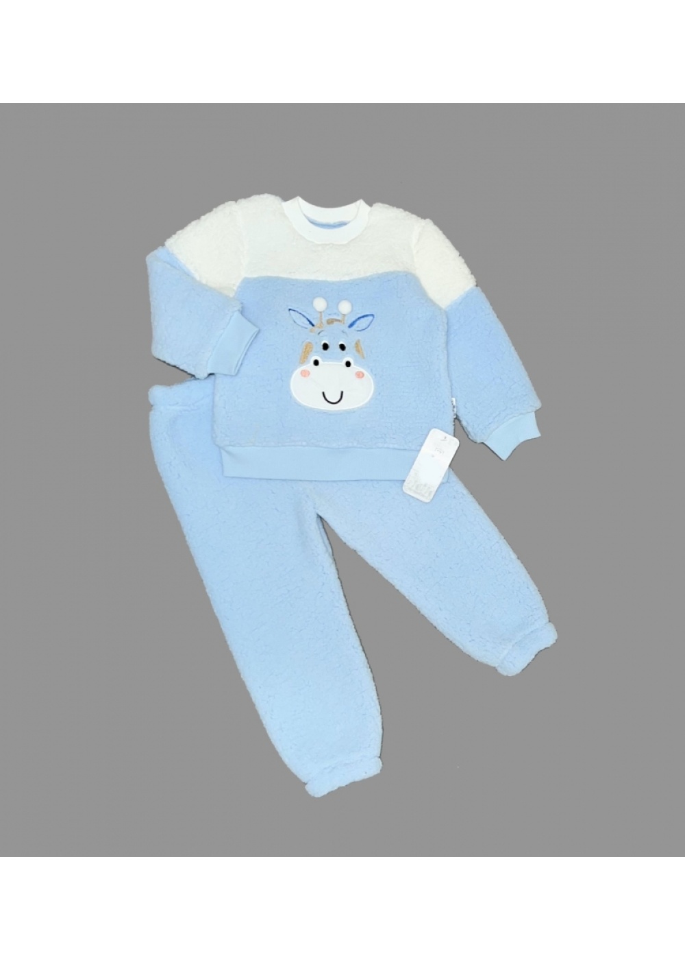 1-2-3 Yaş Ponponlu Zürafa Desenli Kuzu Kumaş Uzun Kollu 2li Kız Erkek Çocuk Takımı