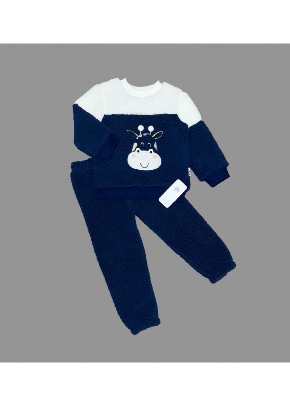 1-2-3 Yaş Ponponlu Zürafa Desenli Kuzu Kumaş Uzun Kollu 2li Kız Erkek Çocuk Takımı