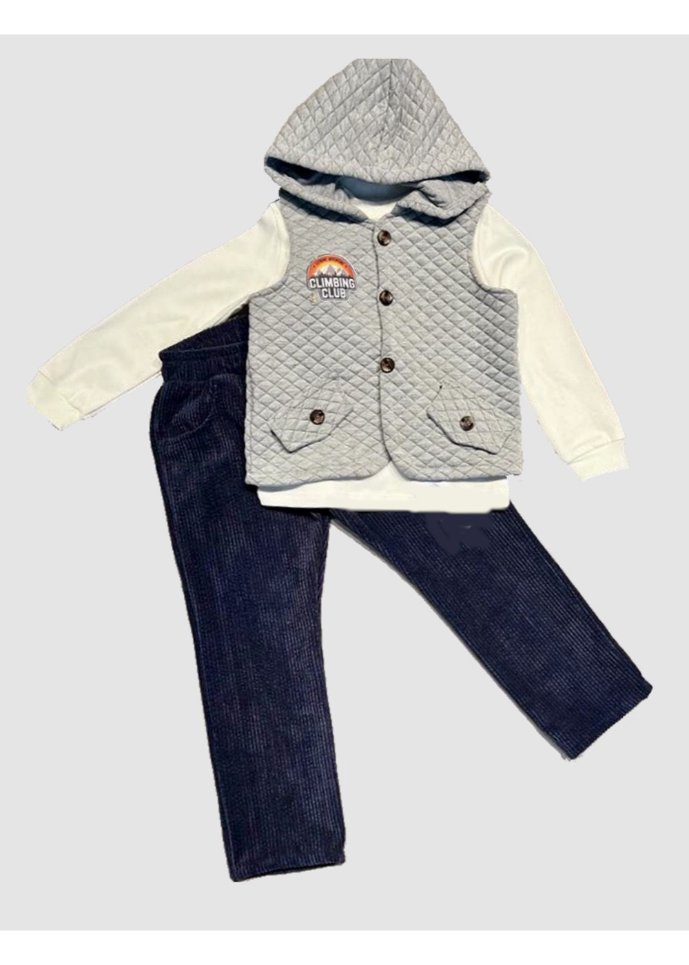 3-4-5 Yaş Fitilli Kadife Pantolon Kapitone Kapşonlu Yelek Uzun Kollu Sweat 3lü Erkek Çocuk Takımı