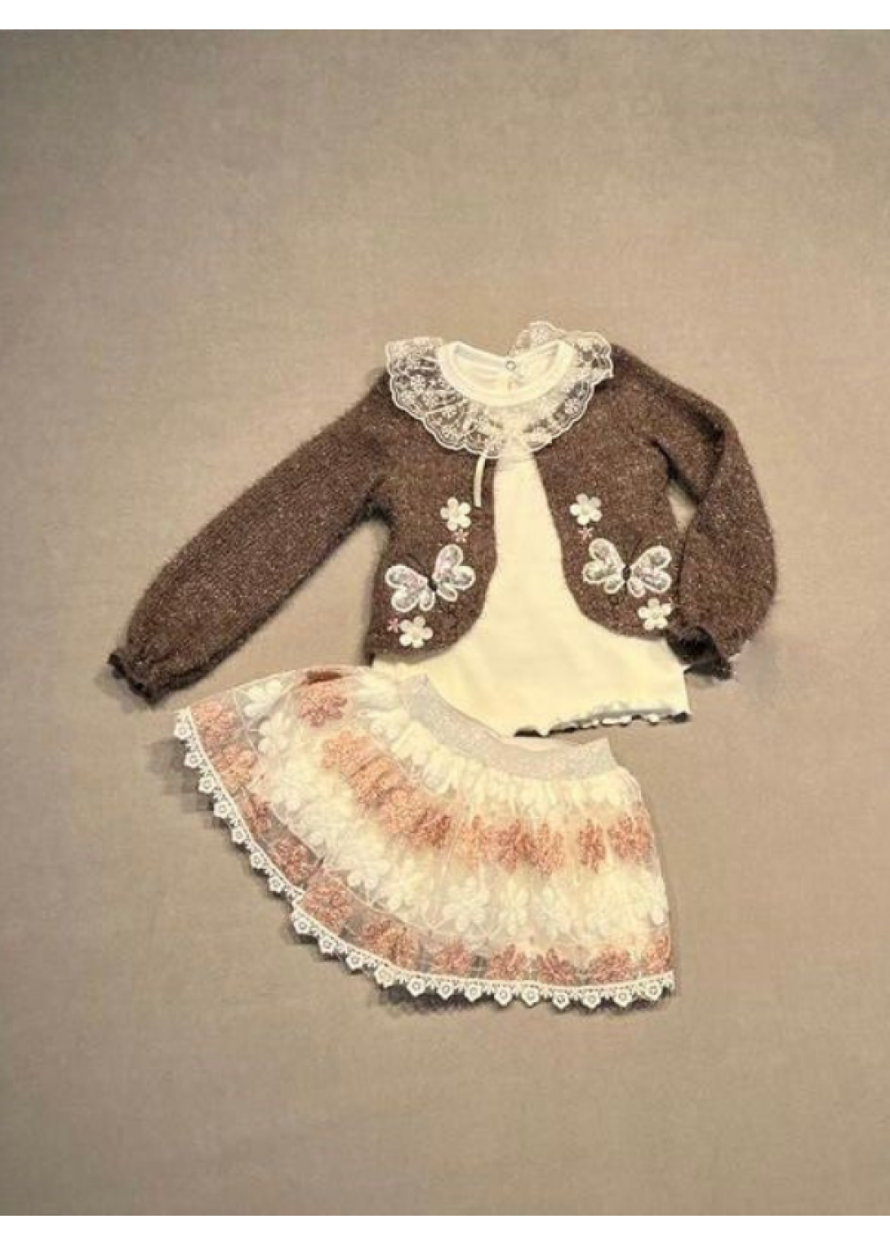 1-2-3 Yaş Brode Etekli Örme Hırkalı Uzun Kollu Sweat 3lü Kız Çocuk Takımı