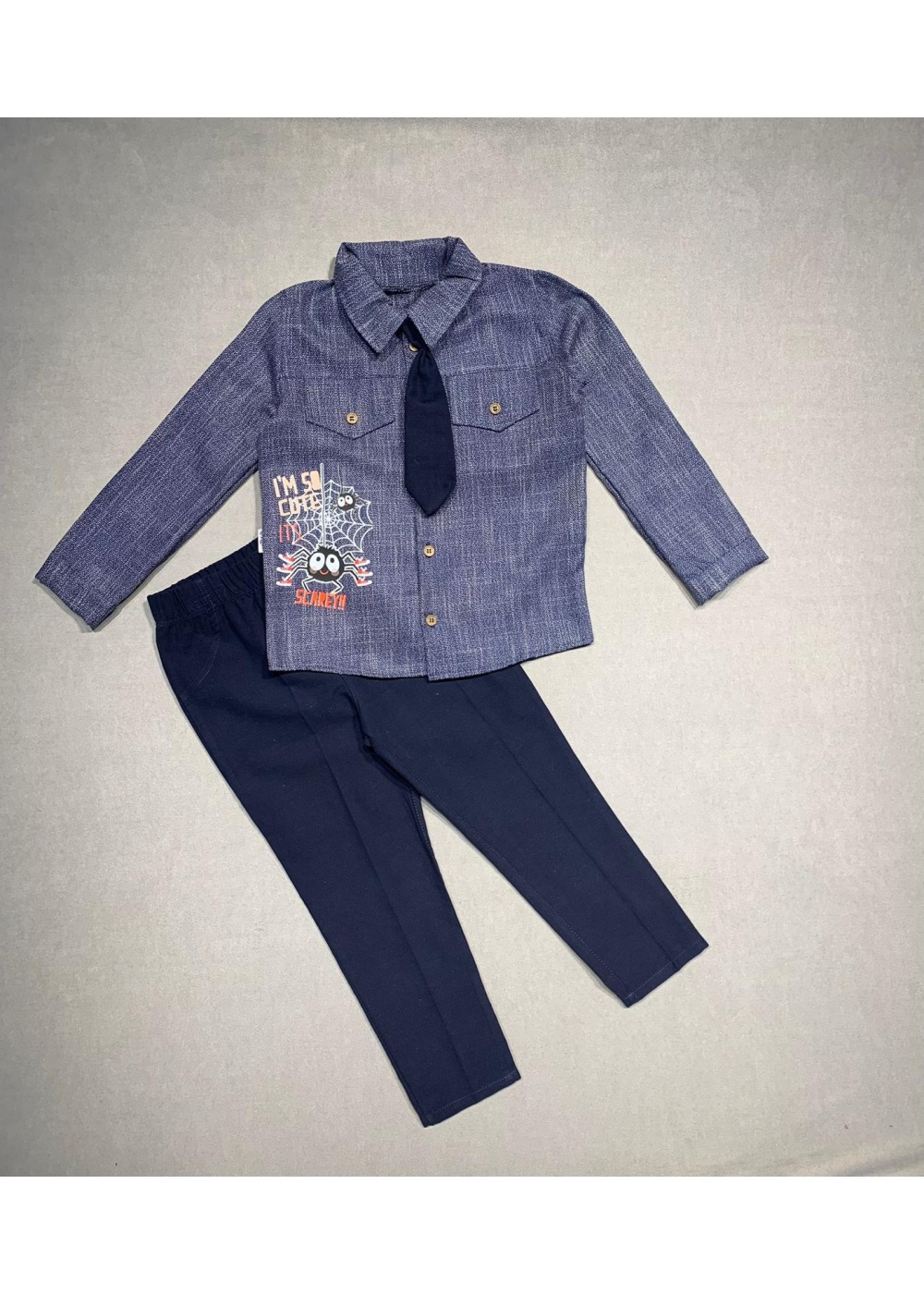 3-4-5 Yaş Kravatlı Keten Gömlek Gabardin Pantolon Uzun Kollu 3lü Erkek Çocuk Takımı