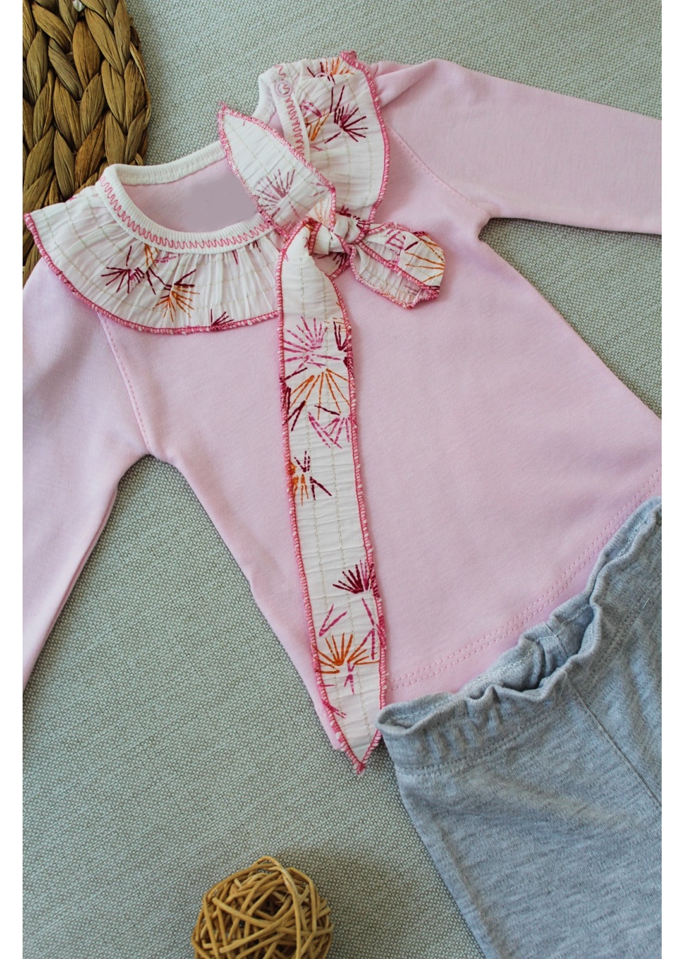 3-6 6-9 9-12 Ay Matmazel Yaka Fırfır Detaylı Bandanalı Uzun Kollu Sweat 3lü Kız Bebek Takımı