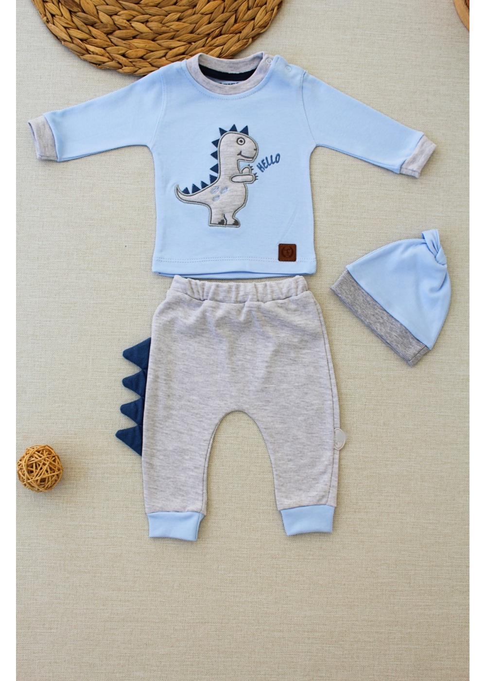 3-6 6-9 9-12 Ay Minik Dino Nakışlı Şapkalı Uzun Kollu Sweat 3lü Kız-erkek Bebek Takımı