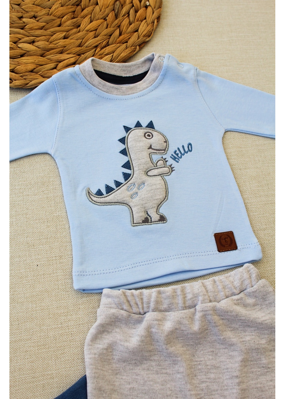 3-6 6-9 9-12 Ay Minik Dino Nakışlı Şapkalı Uzun Kollu Sweat 3lü Kız-erkek Bebek Takımı